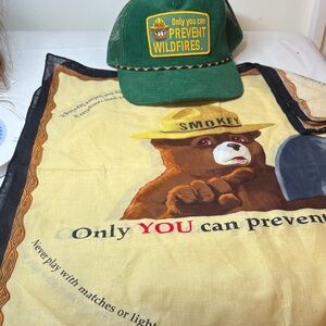 Smokey Bear Green Cotton SnapBack Mesh Trucker Hat and Two Cotton Bandanas
